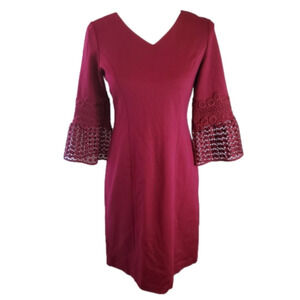 Talbots 2 Petite Wine Sheath Dress Knee length 3/4 Sleeves Crocheted bell sleeve
